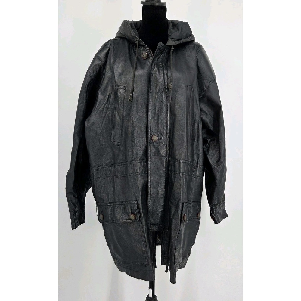 Vtg 90s Great Seal Of Oklahoma Mens Black Leather Hooded Parka Jacket Large